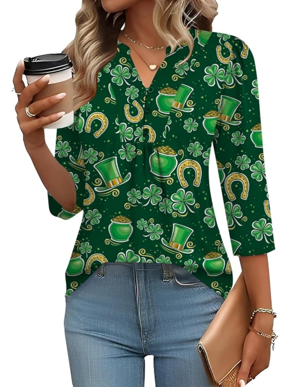 Women's Green Hat Long Sleeve Casual Henley V-Neck Floral T-Shirts Loose Fit